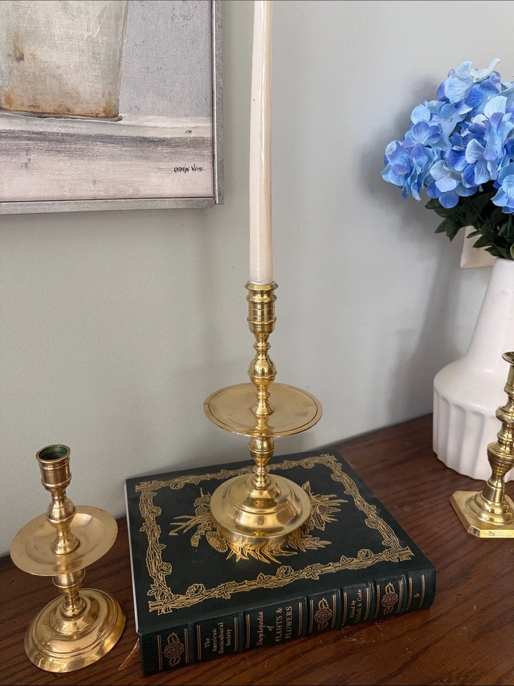 Vintage Brass Candlestick Holder with Circular Drip Tray  and Stepped Bell Base